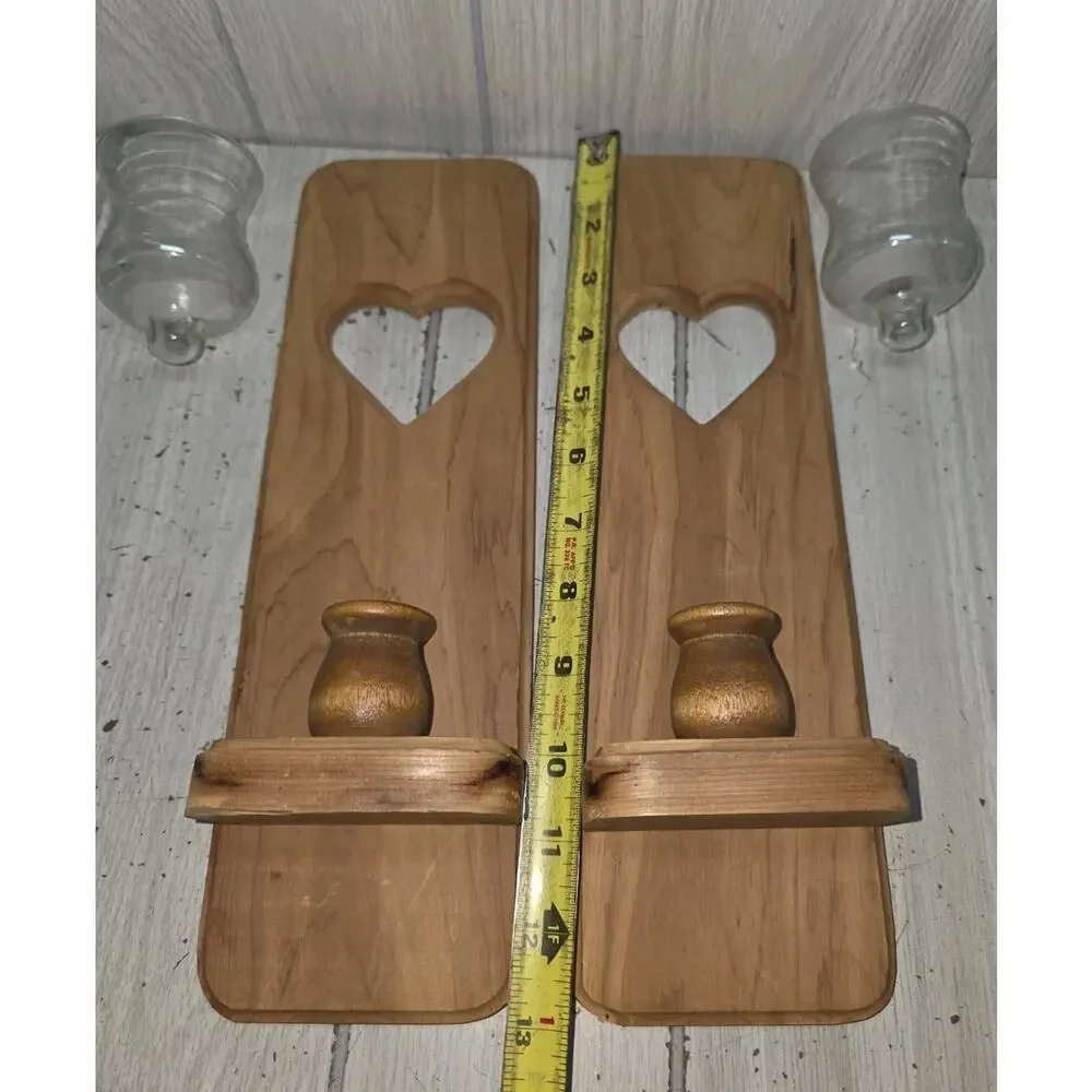 Vintage 90s Wood Heart Sconce Set W/Clear Ruffled Votives Cottagecore Heritage